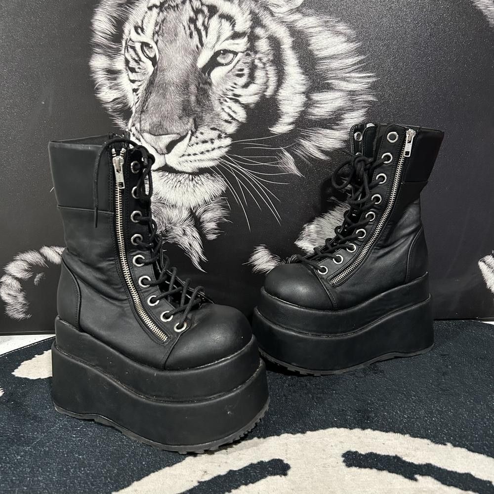 Demonia Bear-265 Platform Boot Women's 6 Black Vegan Leather Tiered Mid-Calf